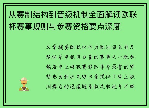 从赛制结构到晋级机制全面解读欧联杯赛事规则与参赛资格要点深度